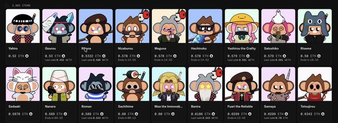 A grid of cartoon-style NFT character avatars with names and ETH prices, including "Taikoro," "Gourou," "Nizaburou," and others, displayed on a digital marketplace.