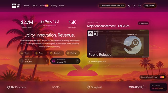 Screenshot of the Palm AI website homepage featuring a vibrant pink/purple sunset background, advertising a $2.7M raise and 'Utility. Innovation. Revenue.' with a 15K token holder count and navigation links to Chart, Token, Contract, and Staking.