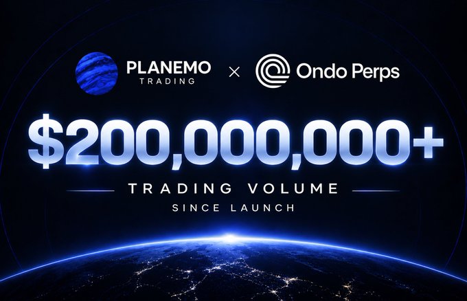 A promotional graphic displays 'PLANEMO TRADING x Ondo Perps' with the text '$200,000,000+ TRADING VOLUME SINCE LAUNCH' over an image of Earth from space at night.