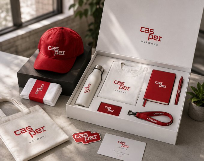 An assortment of Casper Network branded merchandise displayed in an open gift box, including a red cap, white t-shirt, water bottle, towel, tote bag, notebook, pen, lanyard, and stickers. The collection ties directly to the post's prompt by showcasing a variety of potential merch designs and inviting followers to share their own creative ideas for Casper-themed products.