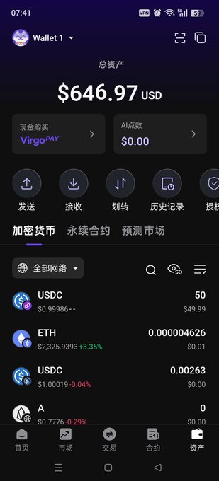 A mobile crypto wallet app interface showing a total balance of '$646.97 USD' and holdings including USDC, ETH, and USDC on different networks.