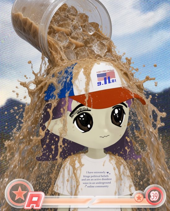 An anime-style character wearing a "9.11.01 Never Forget" American flag cap is being drenched by an iced coffee splashing from a plastic cup, in a surreal "gm" (good morning) post. The character's shirt reads "I have extremely fringe political beliefs and am an active dissident voice in an underground online community."