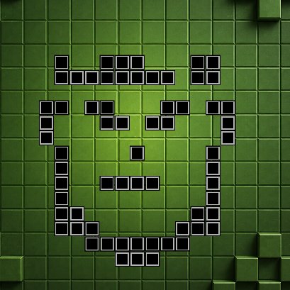 A pixel art skull design formed from black square blocks against a green tiled background.