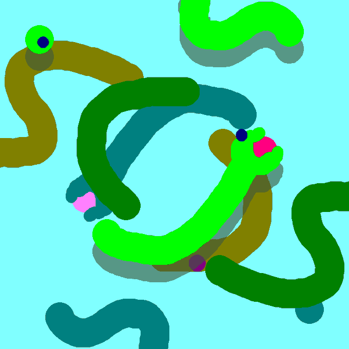 The image features a cartoon-like scene with green snakes, each one of them having a different color - brown, green, and pink. The snakes are arranged in various positions, creating an abstract pattern that appears to be floating or swimming on a blue background. There is also text present in the image, which reads "I have just collected !" followed by the artist's name "@flarnrules1".