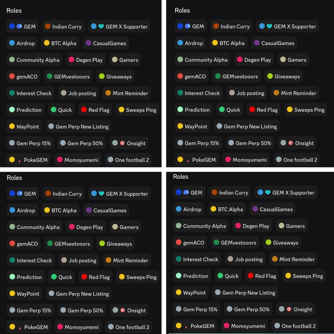 Four identical Discord role lists are displayed, showing categories including GEM, Indian Curry, GEM X Supporter, Airdrop, BTC Alpha, CasualGames, and various community and gaming roles.