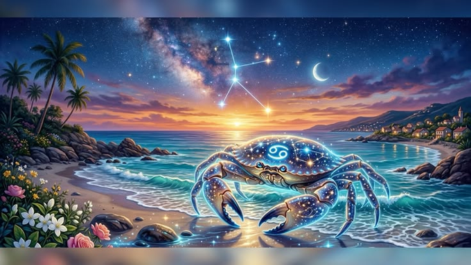 A glowing constellation crab with the Cancer zodiac symbol rests on a tropical beach under a starry night sky, with the dates "JUN 21 - JUL 22" subtly visible, representing the Cancer astrological sign. The celestial, trust-building imagery aligns with the post's message about quality over quantity, symbolizing how authentic engagement—like the stars aligning—creates lasting reputation and opportunity within the @quipnetwork Web3 community.