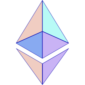 The Ethereum cryptocurrency logo, featuring two stacked diamond/octahedron shapes in pastel pink, green, blue, and purple colors.