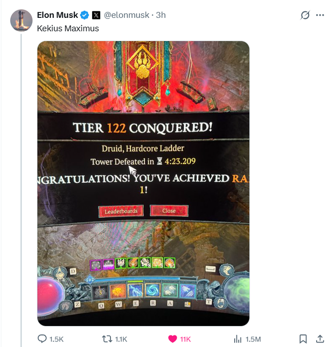 Elon Musk tweets "Kekius Maximus" with a screenshot from Diablo IV showing "TIER 122 CONQUERED!" and a Druid completing the Tower Hardcore Ladder run in 4:23.209. Despite the post being about his gaming achievement rather than the meme coin, the image's text and his tweet reference sparked a price surge for the KEKIUS memecoin mentioned in the caption.