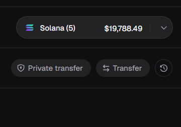 A cryptocurrency wallet interface displays a Solana account with a balance of $19,788.49, alongside options for "Private transfer" and "Transfer." The image relates to the post by showing a newly funded Solana wallet, matching the user's mention of loading up Solana in preparation to explore altcoin opportunities.