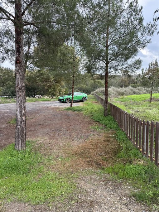 A bright green sports car is parked on a dirt path next to a wooden fence in a wooded area.
