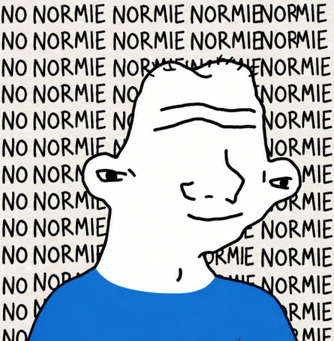 A classic wojak-style cartoon character with a smug expression stands in front of a background repeating the word 'NORMIE'.