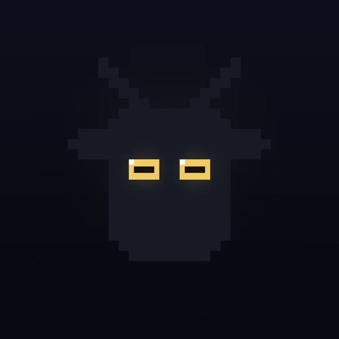 A dark pixel art image showing the faint silhouette of a creature with glowing yellow, rectangular eyes on a dark blue background.