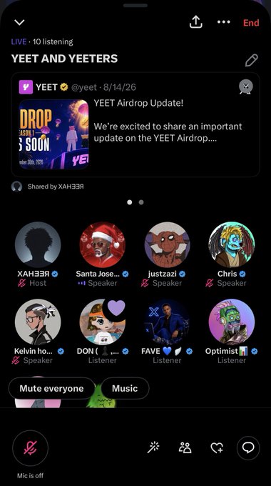 Screenshot of a Twitter Spaces live audio room titled 'YEET AND YEETERS' with 10 listeners, discussing a 'YEET Airdrop Update!' from @yeet.