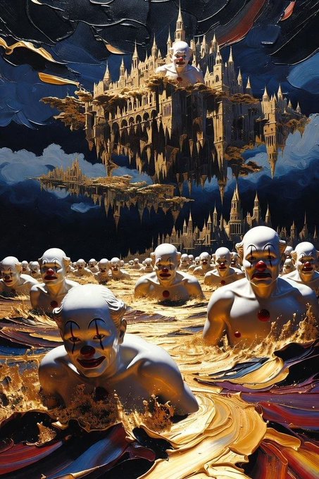 A surreal, dark fantasy illustration depicting multiple creepy clown figures emerging from a swirling golden substance, with a gothic castle structure looming in the background.