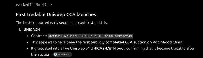 A screenshot of a post stating 'First tradable Uniswap CCA launches' with details about UNICASH, noting it was the first publicly completed CCA auction on Robinhood Chain.