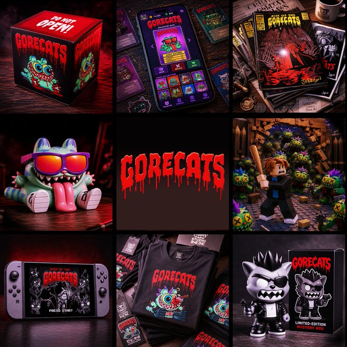 A 3x3 grid showcasing Gorecats merchandise and branding across multiple product lines, including a "DO NOT OPEN!" mystery box, a mobile game interface, comic books, a designer toy figure, the dripping red "GORECATS" logo, a Roblox-style 3D scene with a character wielding a bat, a handheld console displaying "RISE OF THE GORECATS - PRESS START," branded t-shirts, and a limited-edition mystery box figure.

The image visually reinforces the post's message of multi-format brand expansion—spanning games, comics, toys, and collectibles—positioning $GCATS as the long-term backbone of an ecosystem built for sustained relevance rather than a fleeting launch.