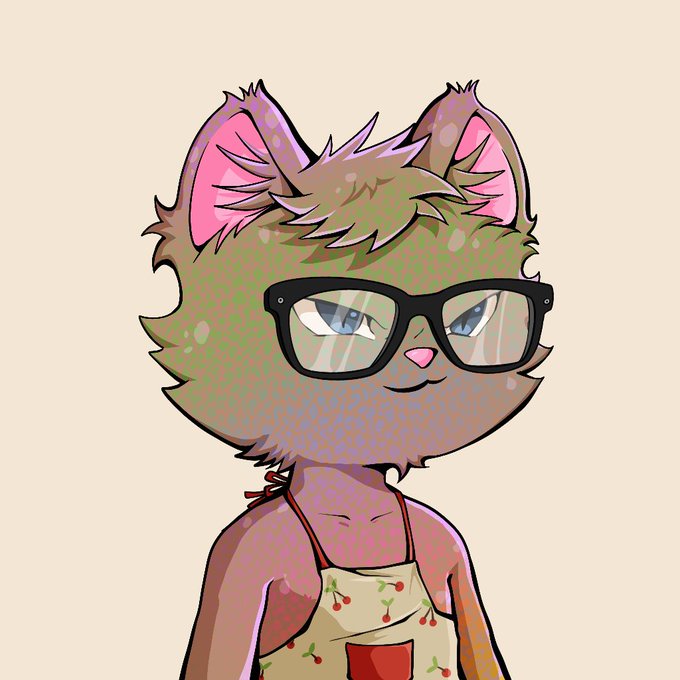 A digital illustration of an anthropomorphic cat character with grayish-brown fur, pink inner ears, blue eyes, and black-rimmed glasses, wearing a cherry-patterned apron. The character serves as the NFT "Mortals #271" that was just sold for 0.17 ETH, representing the collected digital artwork piece.
