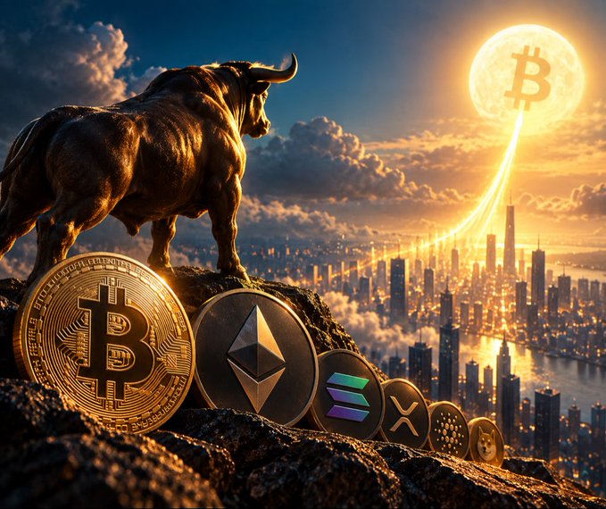 A majestic bronze bull overlooks a glowing city skyline with the Bitcoin logo beaming like a sun, while physical representations of Bitcoin, Ethereum, Solana, XRP, and other altcoins rest on a rocky peak—visually symbolizing the bullish rally and massive price targets ($200K BTC, $10K ETH, 10–15x altcoins) predicted alongside the CLARITY Act approval and accelerating global crypto adoption described in the post.