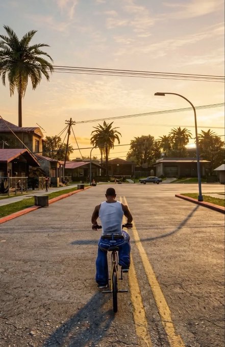 A digital illustration of a young man in a white tank top and jeans riding a bicycle down a palm tree-lined suburban street at sunset.