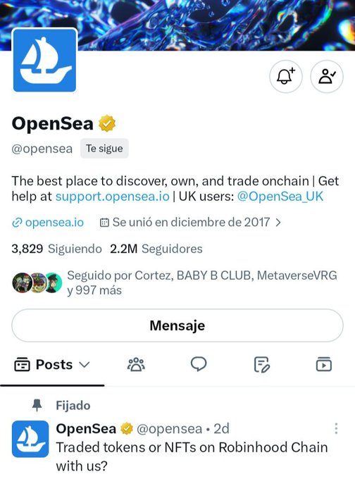 A Twitter profile page for the verified account @opensea with 2.2M followers, featuring a pinned tweet that asks, 'Traded tokens or NFTs on Robinhood Chain with us?'.