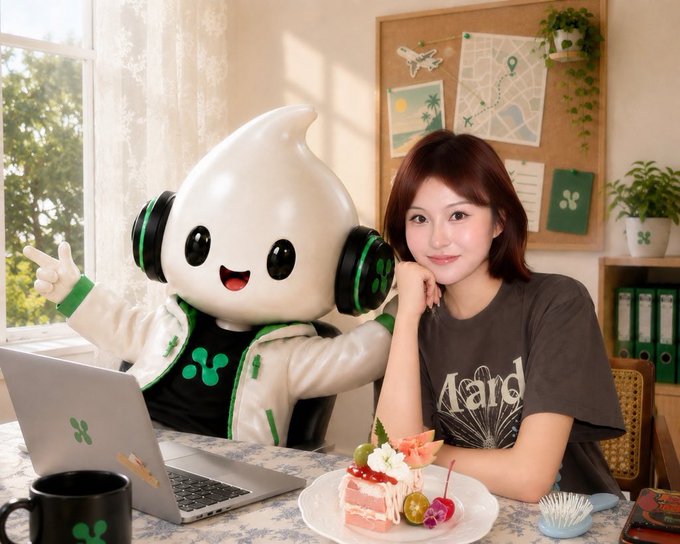 A young woman smiles next to a large mascot character wearing headphones and giving a thumbs up, with a laptop, cake, and coffee on the table. Her shirt reads 'Aard'.