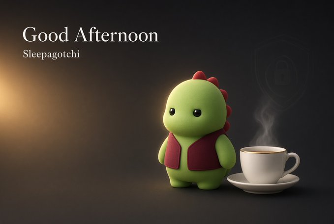 A greeting card reading "Good Afternoon - Sleepagotchi" featuring a cute green cartoon character with red spines standing next to a steaming cup of coffee on a saucer against a dark background.