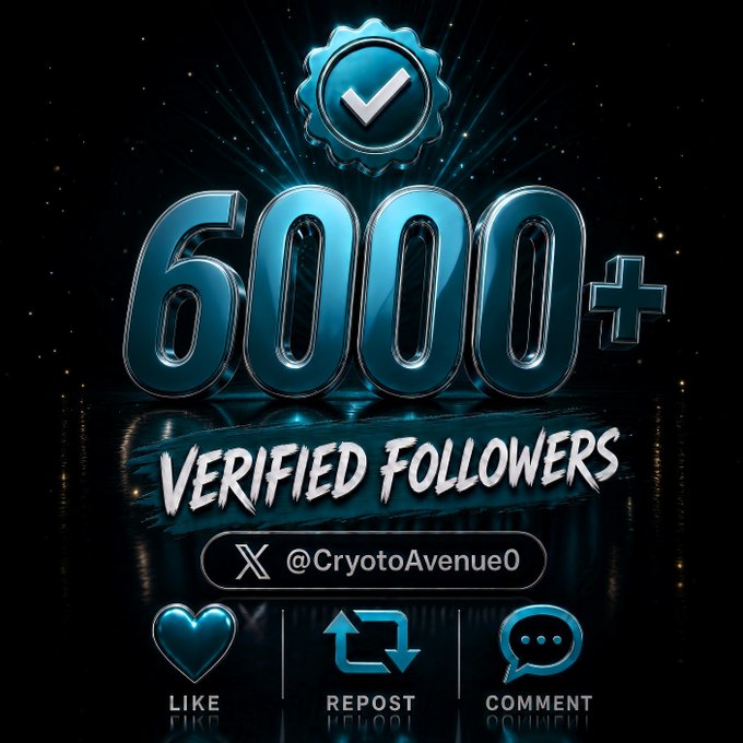 Digital graphic celebrating "6000+ VERIFIED FOLLOWERS" for the X account @CryotoAvenue0, featuring a blue verification badge and Like/Repost/Comment icons.