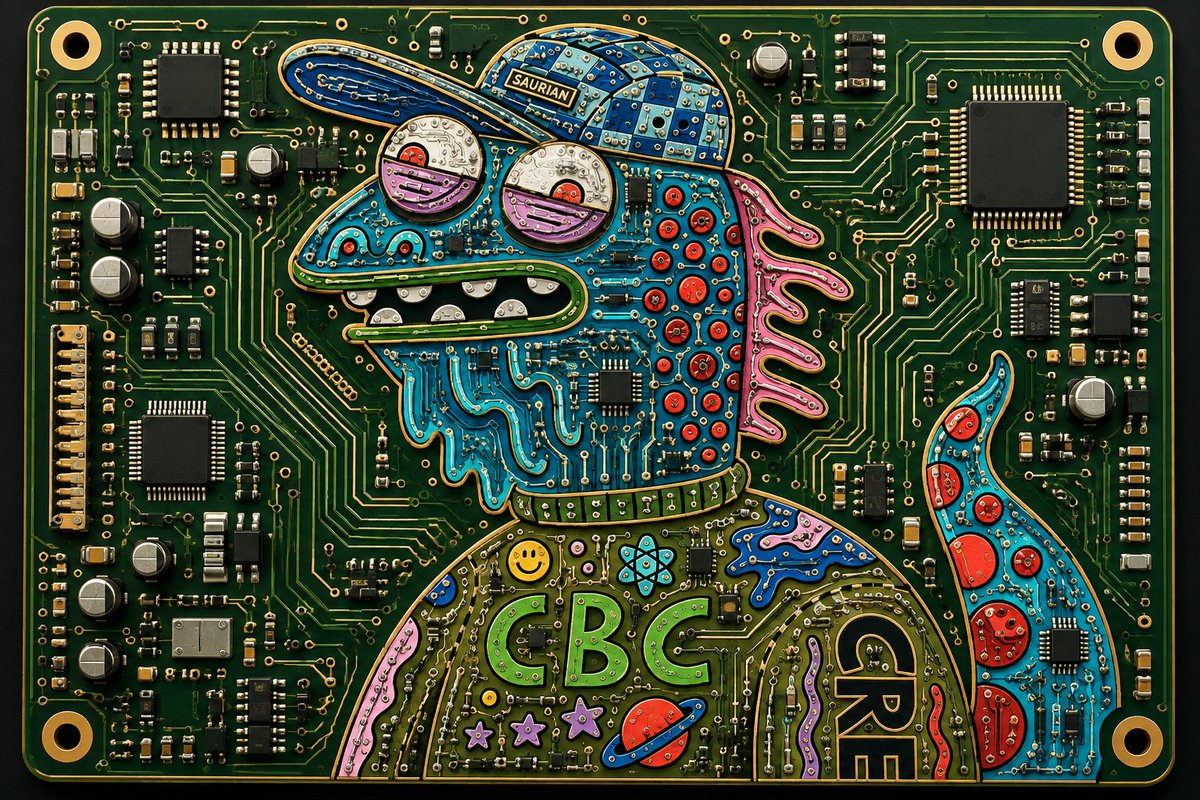 A colorful, whimsical artwork depicting a character wearing a cap that reads "SAURIAN", integrated into the design of a green circuit board with text "CBG", "SK", and "2018".