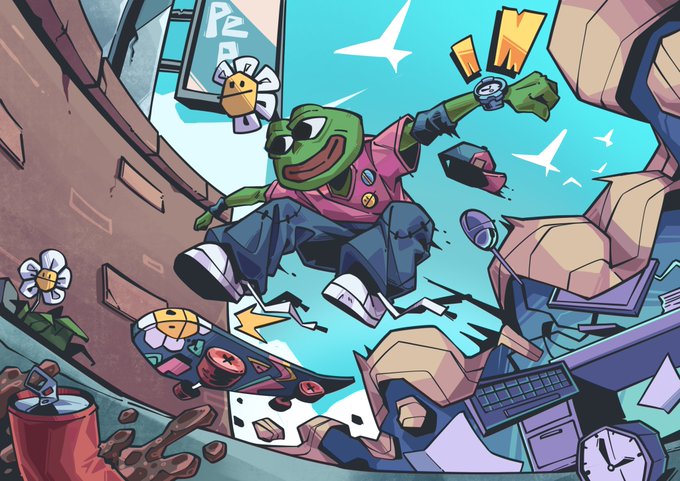 A digital illustration shows a green Pepe the Frog character bursting through a crumbling brick wall in a dynamic mid-air pose, surrounded by scattered debris including a computer keyboard, clock, soda can, and a "PE" sign with flowers. The artwork visually represents the post's theme of Pepe breaking free from the confines of everyday digital life.