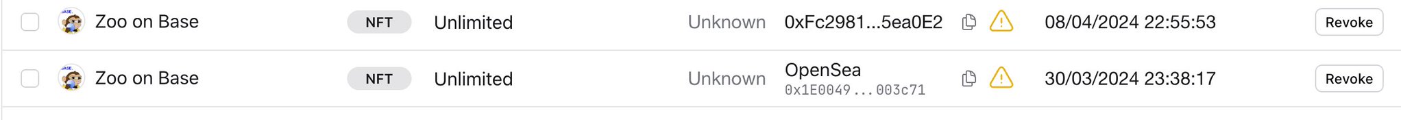 A screenshot showing two entries for 'Zoo on Base' NFT approvals, both marked 'Unlimited' with warning icons and 'Revoke' buttons, dated 08/04/2024 and 30/03/2024.