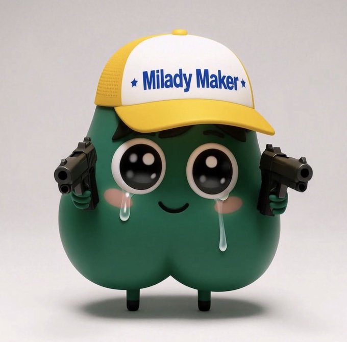 A 3D-rendered green, blob-like cartoon character with large teary eyes holds two black handguns, wearing a yellow and white trucker hat with the text 'Milady Maker'.