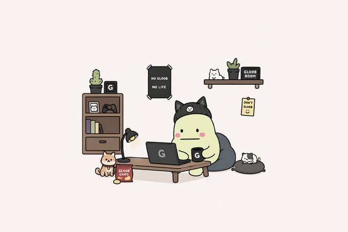 A cute cartoon illustration of a chubby white character wearing a black cat-eared beanie, sitting on the floor using a laptop branded with a 'G' logo in a room decorated with 'GLOOB ROOM', 'NO GLOOB NO LIFE', and 'SHOP GLOOB' posters, surrounded by cats, plants, and gaming accessories.