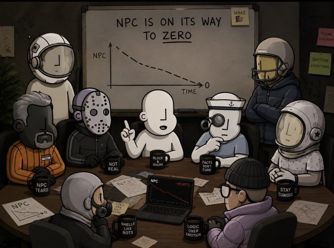 A cartoon-style illustration of diverse characters gathered around a table in a meeting, with a whiteboard reading 'NPC IS ON ITS WAY TO ZERO' and various themed mugs like 'NPC TEARS,' 'NOT REAL,' 'FACTS DON'T CARE,' and 'STAY CURIOUS.'