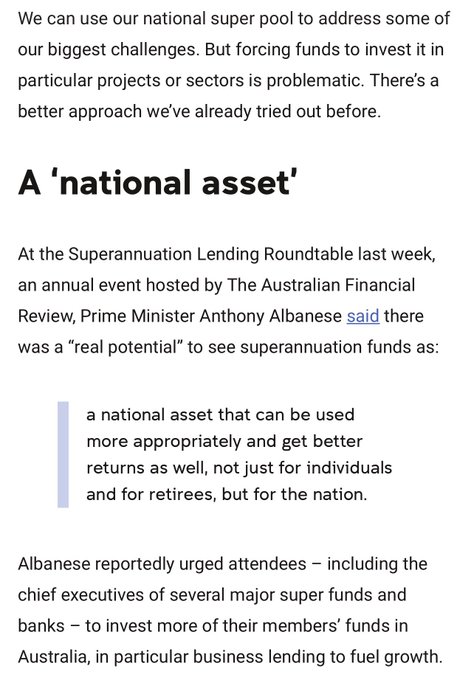 The image shows an article excerpt discussing Australian Prime Minister Anthony Albanese's suggestion at the Superannuation Lending Roundtable to view the country's $3.5 trillion superannuation pool as a "national asset" that could be directed toward domestic business lending to fuel growth, with the article arguing that forcing funds to back specific sectors is problematic.

The image relates to the post's theme of state-directed capital allocation, showing an example of a government (Australia under Albanese) urging private pension funds to invest more in domestic projects—the kind of top-down steering of capital that the post seems to be framing within a spectrum of asset allocation approaches.