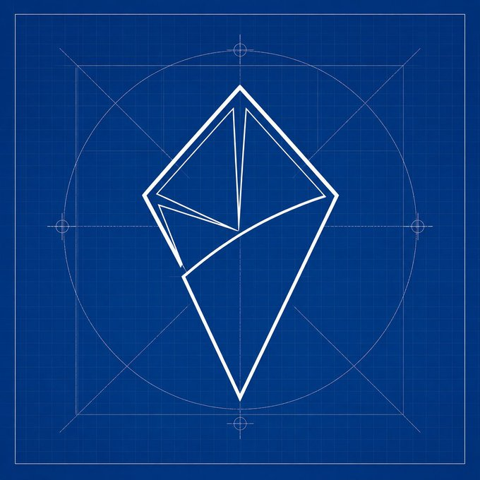 A blue blueprint-style image displaying a white line-art Ethereum logo drawn within geometric construction circles and squares.