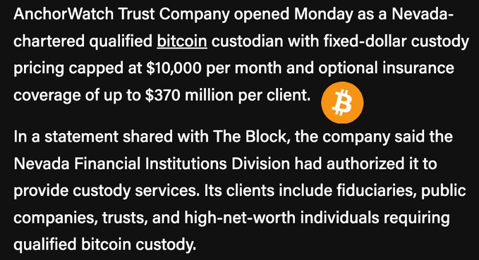 A news graphic announces that AnchorWatch Trust Company launched as a Nevada-chartered qualified bitcoin custodian, offering fixed-dollar custody pricing capped at $10,000 per month and optional insurance coverage of up to $370 million per client. A Bitcoin logo appears beside text explaining that the Nevada Financial Institutions Division authorized the company to serve fiduciaries, public companies, trusts, and high-net-worth individuals.