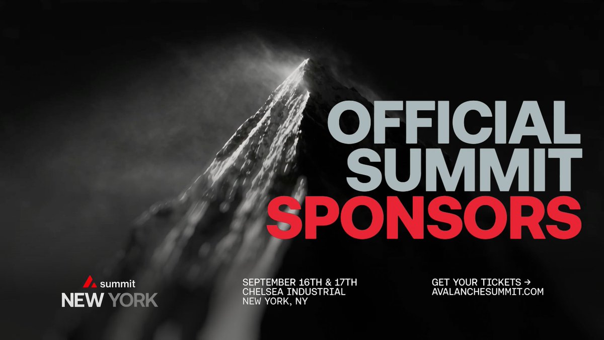 Promotional graphic for 'OFFICIAL SUMMIT SPONSORS' featuring a dark mountain peak image, with text indicating 'SEPTEMBER 16TH & 17TH', 'CHELSEA INDUSTRIAL', 'NEW YORK, NY', and 'GET YOUR TICKETS -> AVALANCHESUMMIT.COM'.