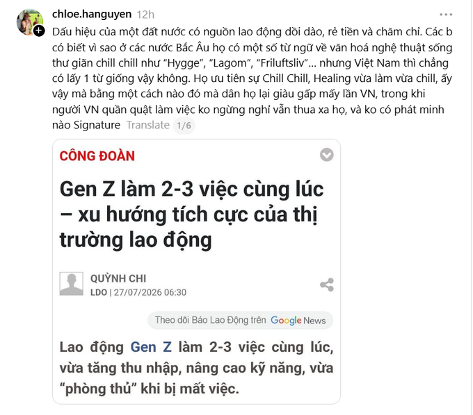 A Facebook post by chloe.hanguyen commenting on a news article titled 'Gen Z làm 2-3 việc cùng lúc – xu hướng tích cực của thị trường lao động' from Báo Lao Động.