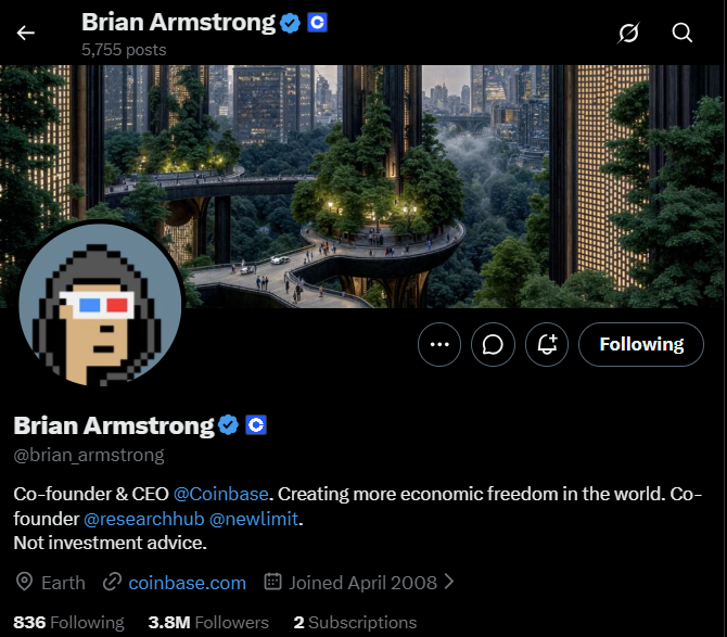 A screenshot of Brian Armstrong's (@brian_armstrong) social media profile, identifying him as Co-founder & CEO of @Coinbase, with 3.8M followers, featuring a banner image of a futuristic city with elevated walkways and greenery.