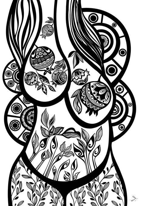 An intricate black and white illustration featuring stylized botanical elements, leaves, and decorative circular patterns forming an ornate, flowing composition.