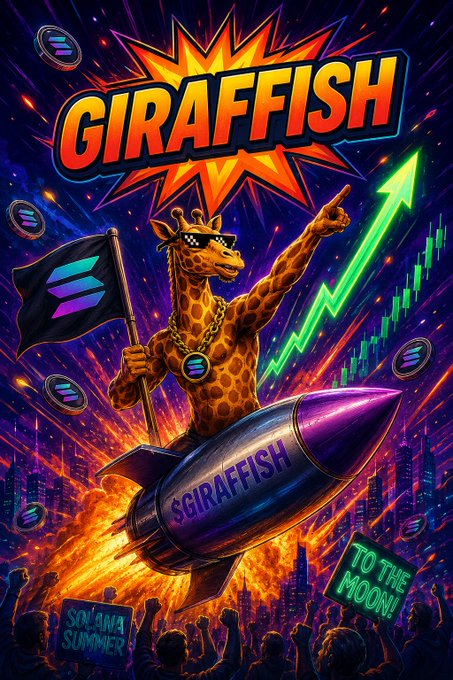 A vibrant retro-style poster featuring a muscular giraffe wearing sunglasses and a gold chain, riding a rocket labeled 'SGIRAFFFISH' with 'GIRAFFFISH' in bold text above and 'TO THE MOON!' sign, set against a neon space background with Solana logos.