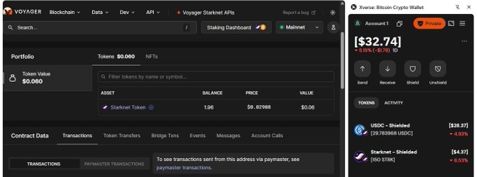 Screenshot of Voyager Blockchain dashboard showing a portfolio with Token Value of $0.060, a Starknet Token balance of 1.96 (price $0.02938), and a linked Xverse Bitcoin Crypto Wallet on the right displaying account information with $32.74 balance, including USDC-Shielded and Starknet-Shielded tokens.
