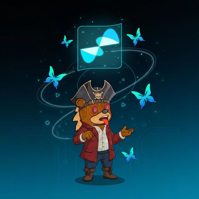 Cartoon bear character in pirate attire with glowing red eyes and a protruding tongue, surrounded by blue butterflies and an Axie Infinity-style logo floating above.