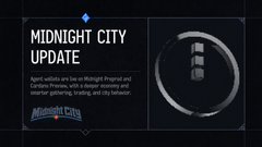 A promotional graphic for the "MIDNIGHT CITY UPDATE" features a circular dark emblem with a segmented design, highlighting new agent updates including Midnight Preprod, Cardano Preview wallets, and a redesigned inspector for desktop and mobile, as referenced in the accompanying post about the Midnight City platform's latest features.