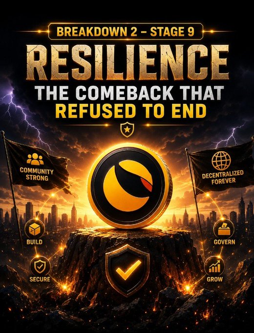 A dramatic promotional poster titled 'BREAKDOWN 2 – STAGE 9: RESILIENCE - THE COMEBACK THAT REFUSED TO END,' featuring a glowing coin emblem, lightning, and icons for BUILD, SECURE, GOVERN, and GROW with banners reading 'COMMUNITY STRONG' and 'DECENTRALIZED FOREVER.'