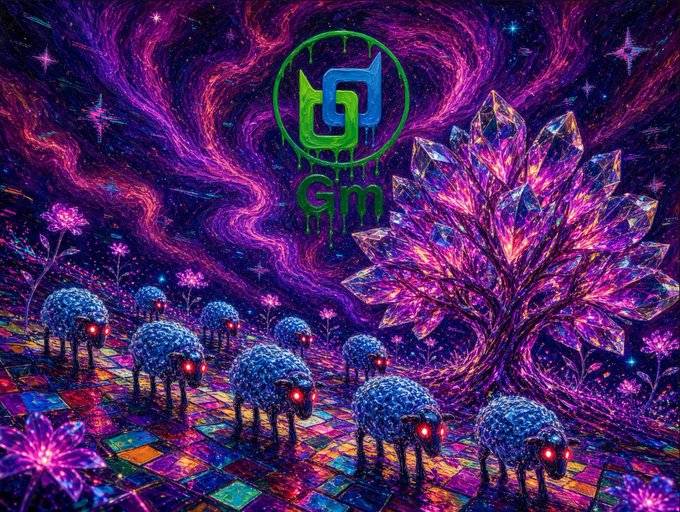 A vibrant psychedelic digital artwork featuring blue sheep with red glowing eyes walking on a colorful checkered path beneath a glowing purple crystal tree, with a green 'Gm' logo centered in a swirling cosmic sky.