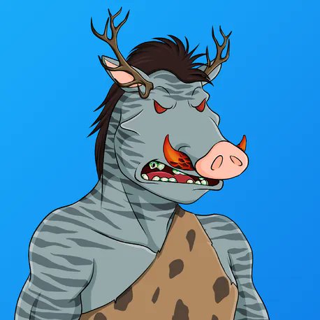 A cartoon illustration of a fierce warthog-like creature with antlers and red eyes against a blue background.