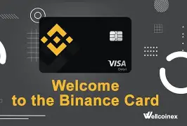 A 'Welcome to the Binance Card' promotional graphic featuring a black Binance Visa card against a dark background with cryptocurrency logos, branded by Welcominex.