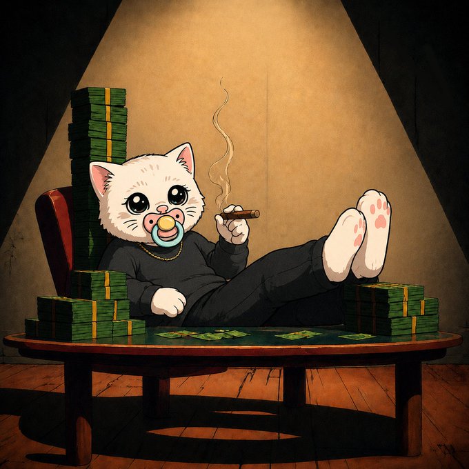 An anime-style illustration of a white cat character with a pacifier, wearing black clothes, sitting on stacks of money at a poker table while smoking a cigar, surrounded by piles of cash.