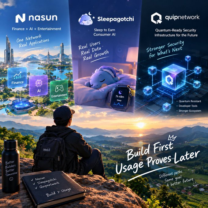 A promotional graphic featuring Nasun (Finance + AI + Entertainment), Sleepagotchi (Sleep to Earn Consumer AI), and Quip Network (Quantum-Ready Security Infrastructure), with the tagline 'My Build First Usage Proves Later' and 'Different paths, Same goal, A better future'.
